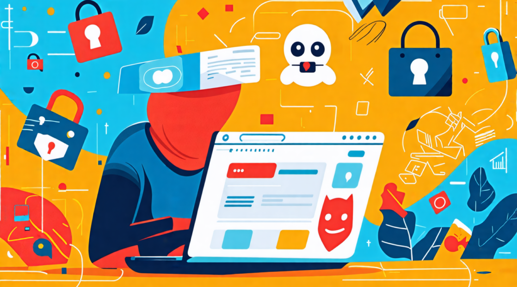 Create an illustration depicting a person anonymously browsing Reddit on a laptop, surrounded by symbols of privacy such as locks, masks, and digital shields. The background should feature a vibrant and abstract representation of the internet, emphasizing the concept of online anonymity and safety. Include elements like a cozy home environment to suggest comfort while engaging in internet activities.