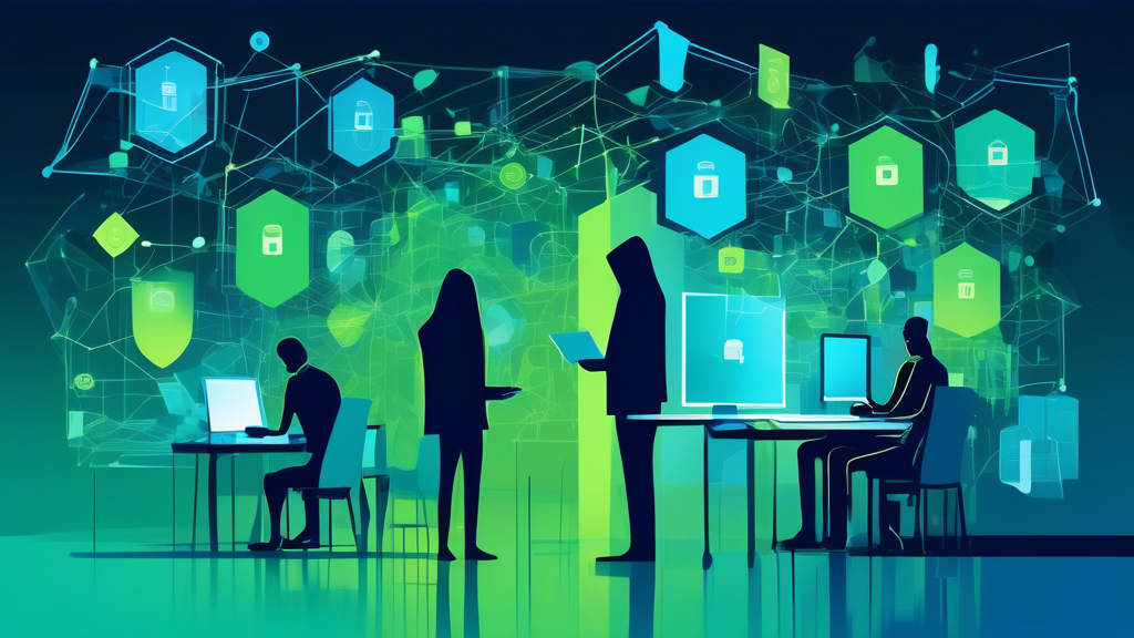 Create an abstract illustration showing the concept of online anonymity and privacy. Include elements like digital shields, cloaked figures with laptops, and a network of interconnected devices. Use a color palette of blues and greens to evoke a sense of security and technology. Incorporate symbols of proxy servers and encryption to represent online protection.